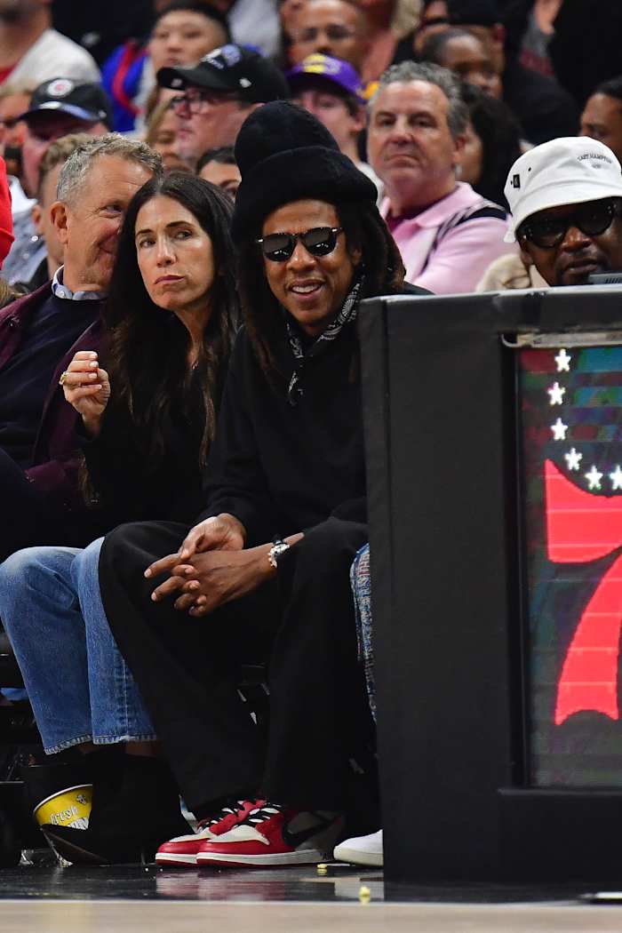 Jay-Z sits courtside for the Los Angeles Lakers and Los Angeles Clippers game.